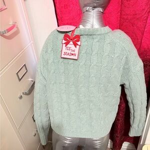 Pink Rose Cable Knit Sweater - Light Green